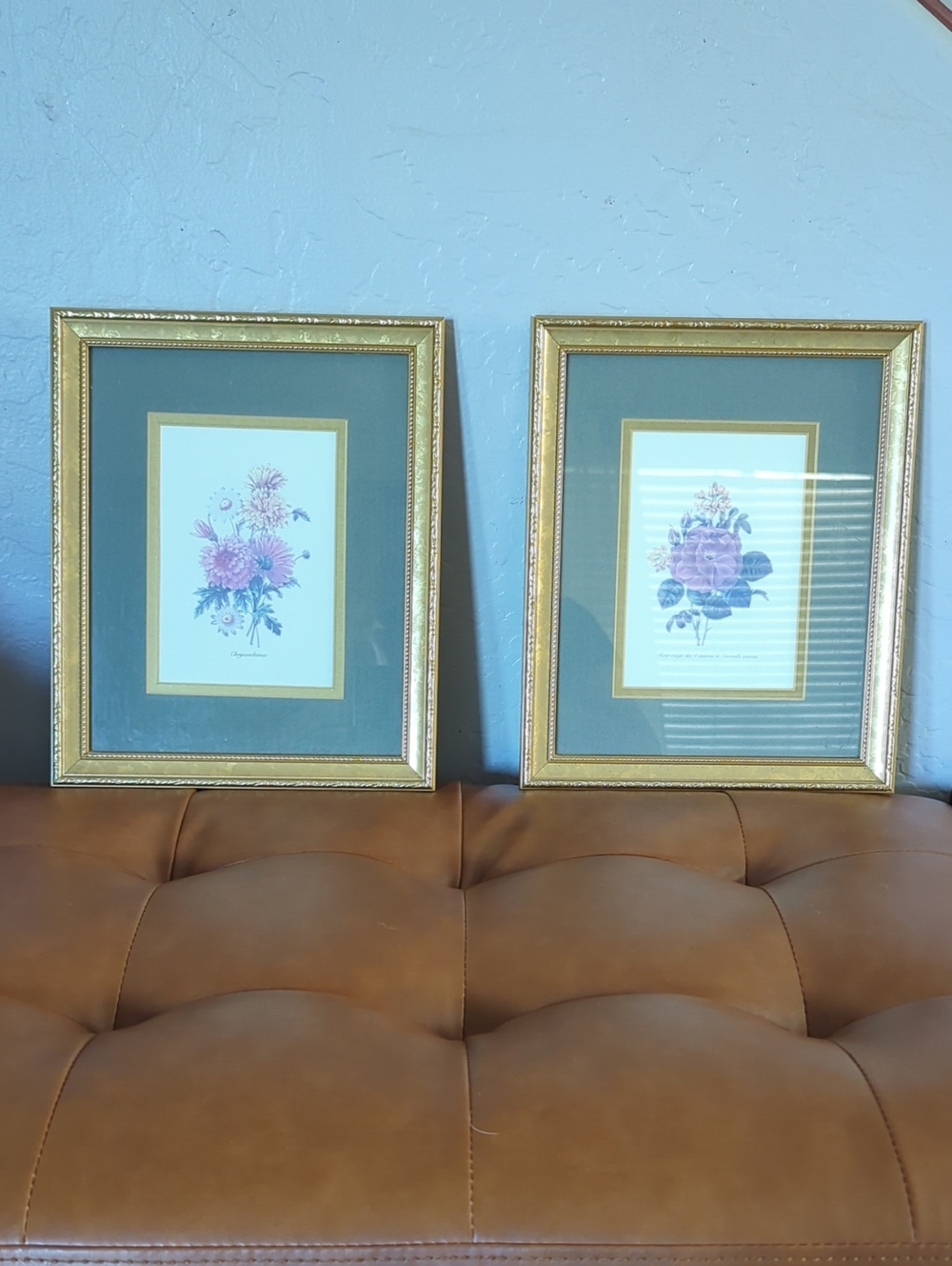 Vintage P.J. Redouté Botanical Floral Prints Pair Gold Frames